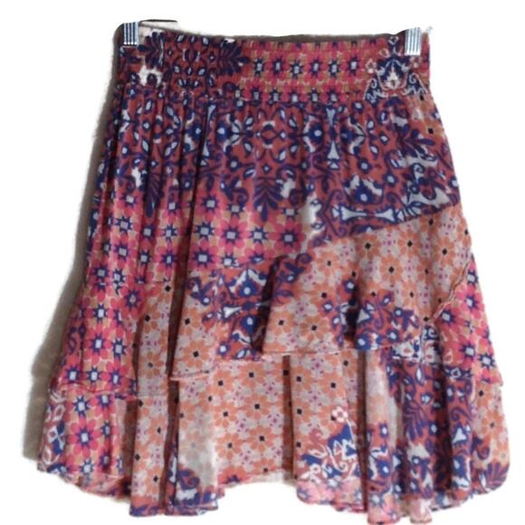 CAbi Isabel Patwork Boho Mini Skirt XS Pink Purple Asymmetrical Tiered Ruffled - Picture 2 of 14